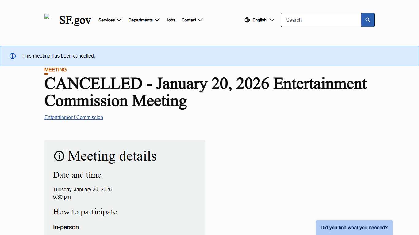 CANCELLED - January 20, 2026 Entertainment Commission Meeting | SF.gov