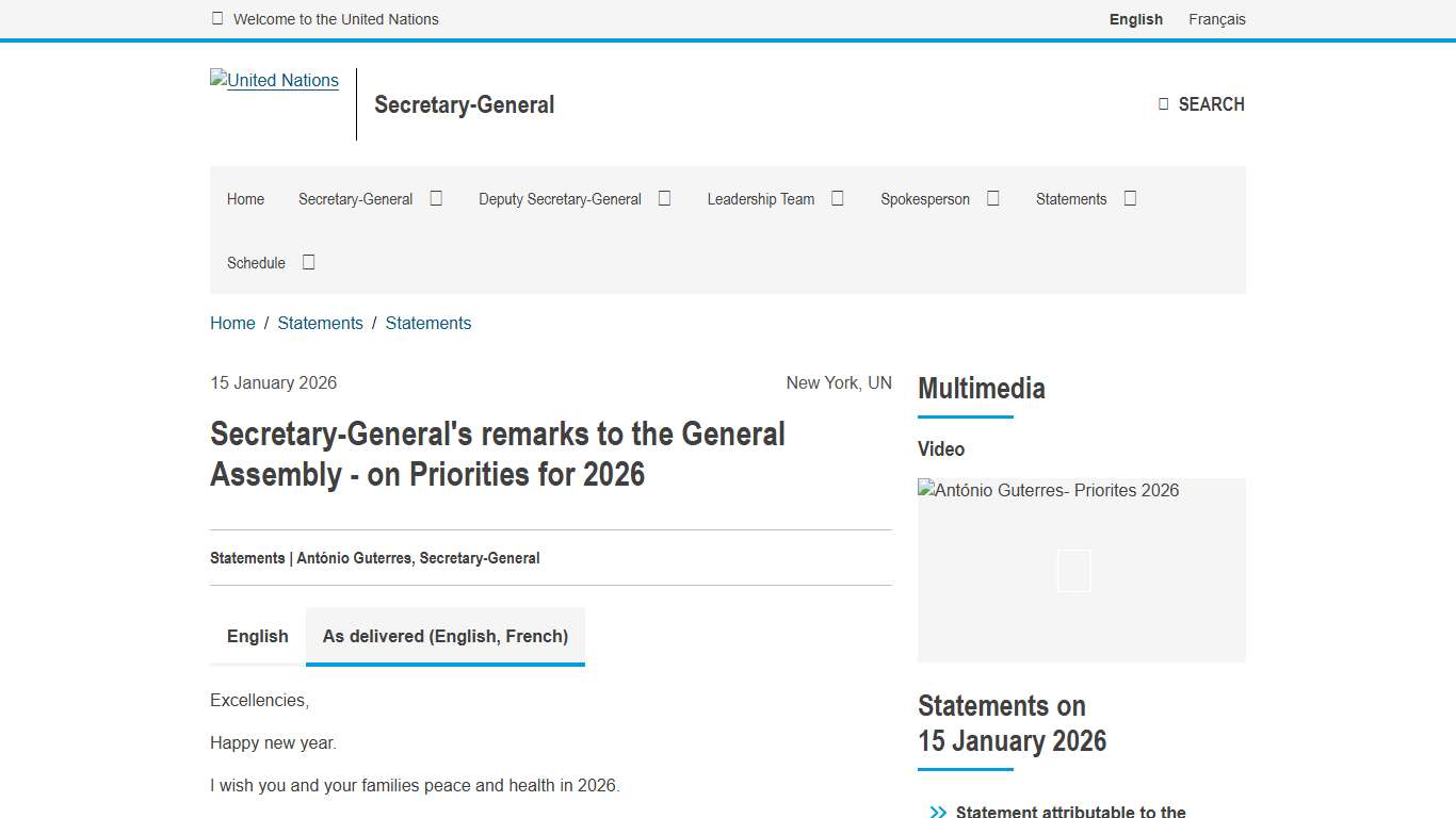 Secretary-General's remarks to the General Assembly - on Priorities for 2026 | Secretary-General | United Nations