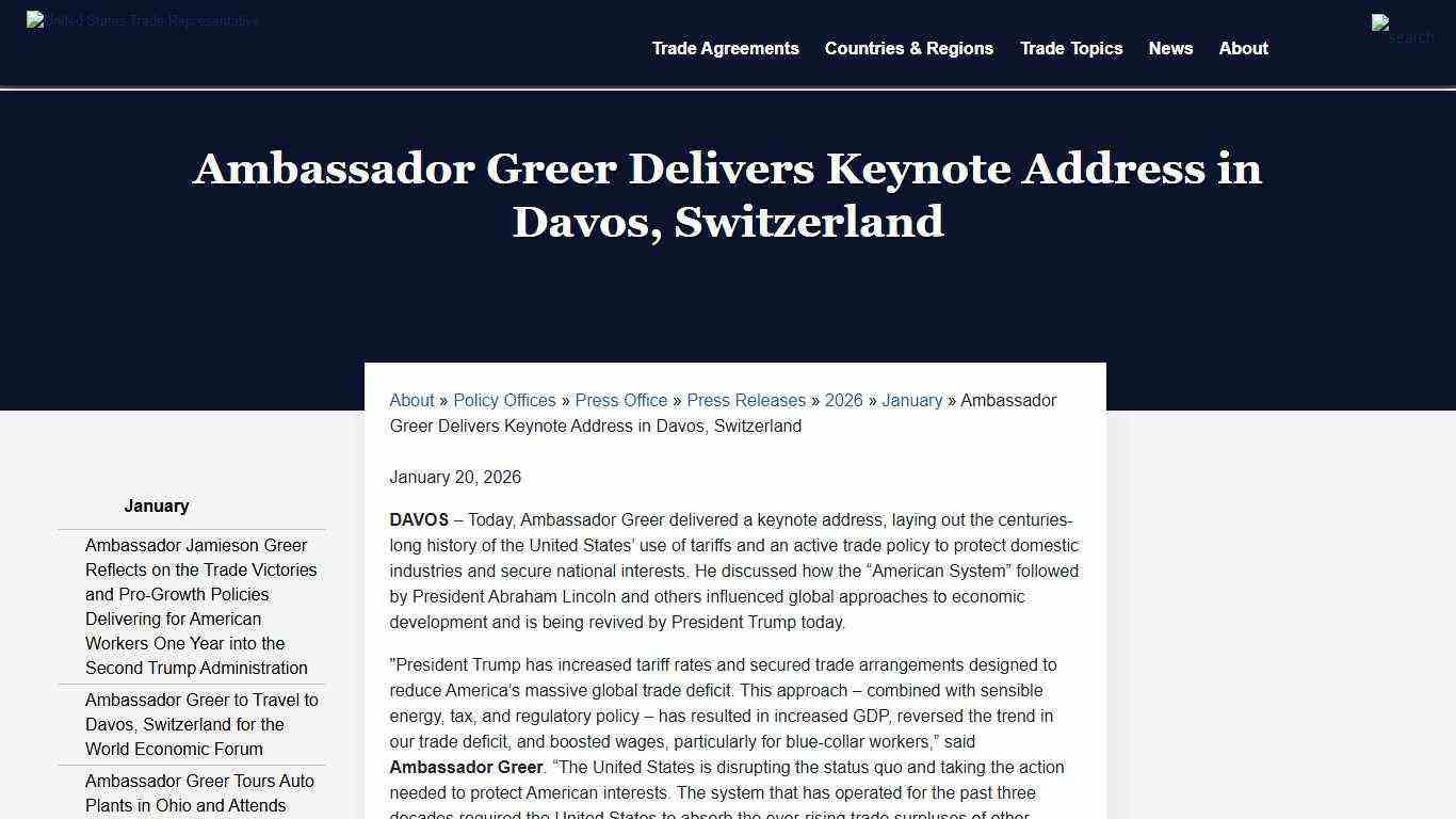 Ambassador Greer Delivers Keynote Address in Davos, Switzerland | United States Trade Representative