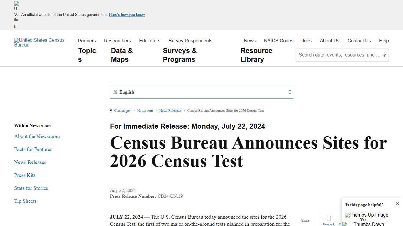 Census Bureau Announces Sites for 2026 Census Test